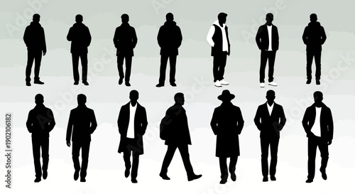 A collection of diverse male silhouettes in various casual and formal attire, presented against a neutral background.