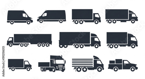 Collection of Various Truck and Van Silhouettes for Transportation and Logistics.
