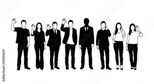 A diverse group of people in silhouette waving hello, representing teamwork and greeting.