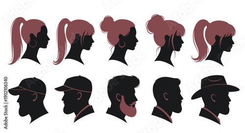 Collection of diverse silhouette profiles of men and women with various hairstyles and headwear, presented in a two-row grid.