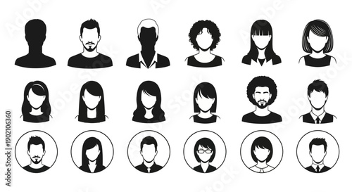 A collection of diverse silhouette avatars representing men and women of various ages and styles.