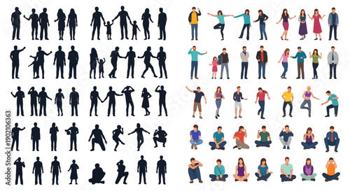 Collection of diverse human silhouettes and full-color figures in various poses and activities.