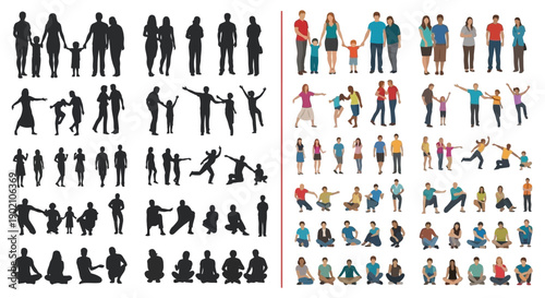 Collection of diverse human silhouettes and colorful figures in various poses and activities, illustrating a wide range of human life and movement.