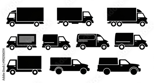 Collection of Various Truck Silhouettes for Delivery and Logistics.