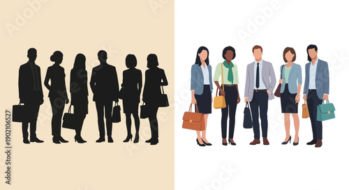 A split image showing a silhouette of diverse business people on the left and a colorful illustration of a diverse group of professionals on the right.