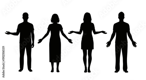 Four diverse silhouettes of people standing with open arms, representing inclusivity and diversity.