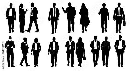 Collection of diverse silhouettes of business people walking and standing, showcasing professional attire and modern accessories.