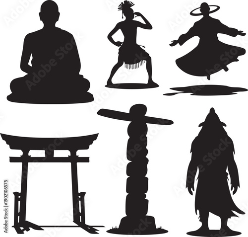 silhouettes of people and structures from different cultures around world