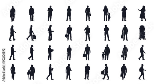 A collection of diverse human silhouettes in various poses and activities, presented against a white background.