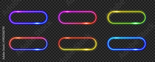 Vector glowing frame collection. Text box set in different colors. Rectangle buttons with neon effect and transparency