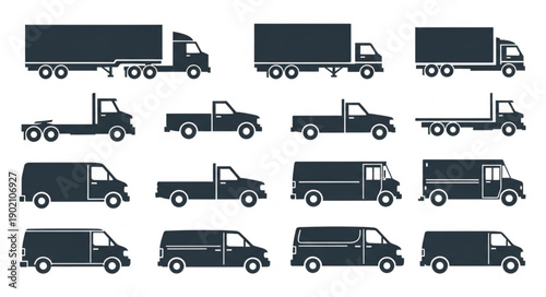 Collection of Various Truck and Van Silhouettes for Transportation and Logistics.