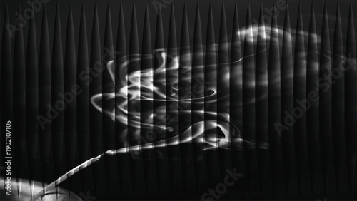 Smoke on black background with metallic futuristic fiber optic pattern and digital communication cables