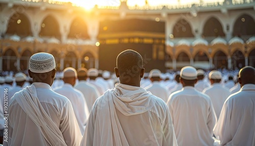 Group of devoted pilgrims engaging in spiritual worship and reflection in front of the holy Kaaba in Mecca Ramadan during pilgrimage