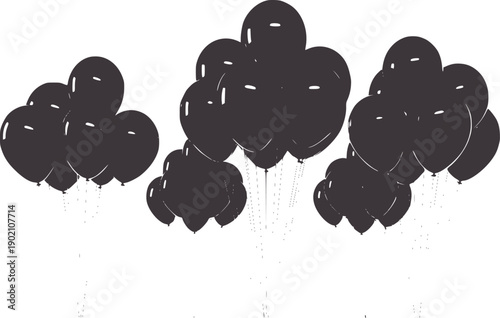 Cluster of black balloons with strings in flat style