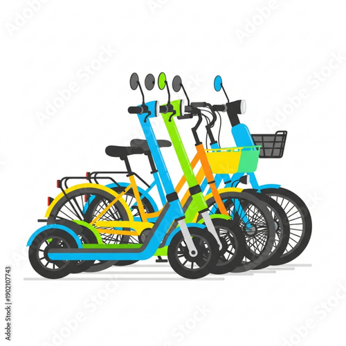 Urban Shared E-Mobility Fleet Flat Vector Scooters and Bikes