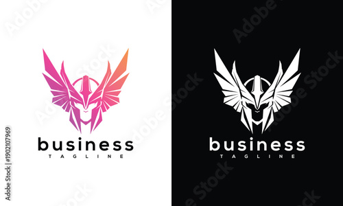 Winged Warrior Helmet Logo Design - Modern Valkyrie Business Brand Symbol Vector Icon.