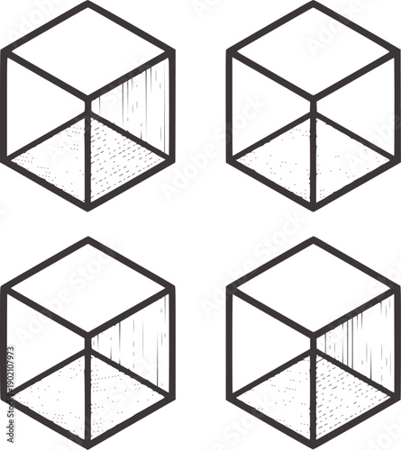 Four minimalist of cubes with shaded planes