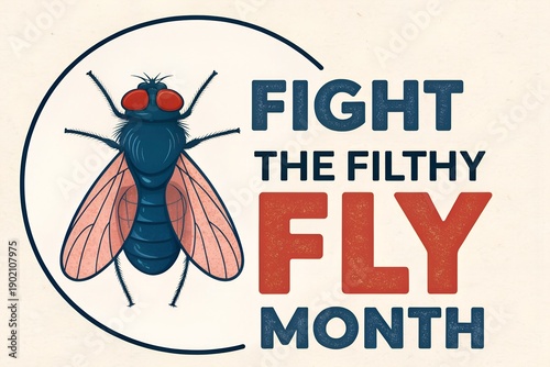 Fight the filthy fly month graphic design featuring a detailed illustration of a housefly inside a circular border promoting awareness against these common pests.