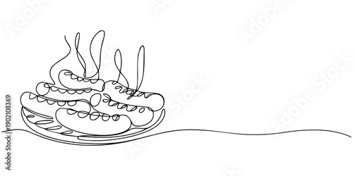 German fried sausages one line colored continuous drawing. Beer pub products continuous one line illustration. Vector linear illustration.