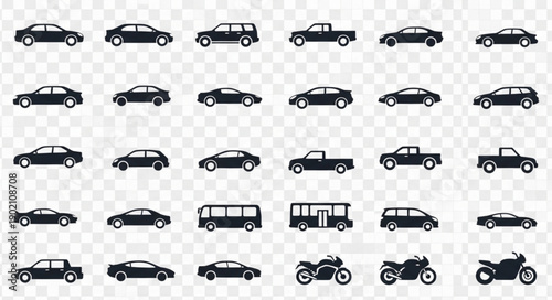 Collection of Various Vehicle Silhouettes on Transparent Background.