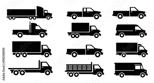 Collection of Various Truck Silhouettes for Transportation and Logistics.