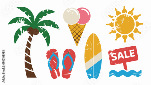 Summer vacation distressed vector icon collection, beach elements, tropical palm tree, ice cream, flip flops, surfboard, sale sign