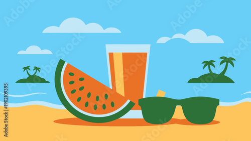 Vibrant tropical beach illustration with watermelon slice, orange drink, green sunglasses, palm tree islands
