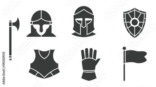 Medieval Armor and Weapon Icons Black and White Style for Knight Warfare