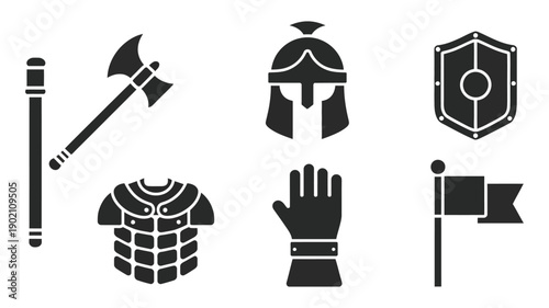 Medieval Armor and Weapon Icons Black and White Style for Knight Warfare