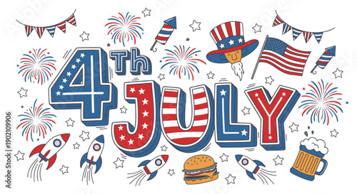 4th of July celebration vector illustration, Independence Day USA decorations, fireworks, American flag, patriotic icons, banner or poster