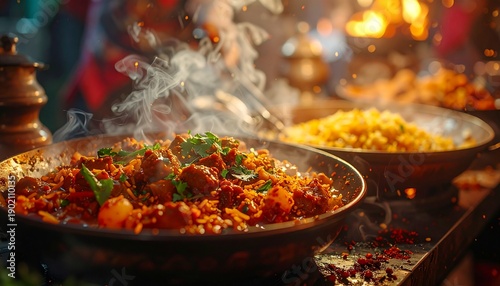Aromatic and flavorful Indian cuisine presented in traditional cookware, steaming with delicious spices and herbs