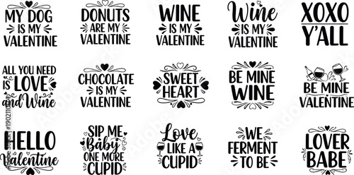 Funny Valentines Day SVG bundle featuring wine lover quotes, dog mom heart designs, sarcastic romantic phrases, and sweet cupid typography for t-shirt printing and crafts.
