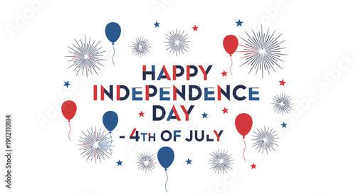 Happy Independence Day 4th of July celebration vector illustration with balloons and fireworks, for banner or poster