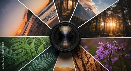 Wallpaper Mural Collage of vibrant nature photography showcasing diverse landscapes and a camera lens, symbolizing creativity and exploration Torontodigital.ca