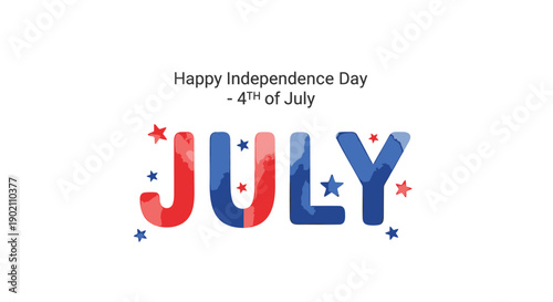 4th of July patriotic text illustration with red, white, and blue stars, Happy Independence Day text for banner or poster