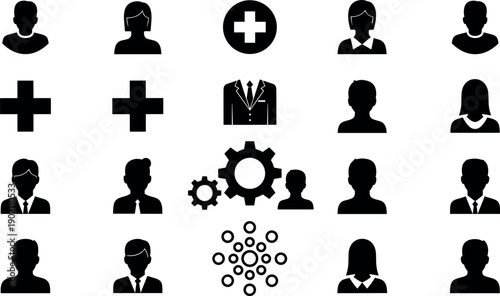 Minimalist black line financial icon set featuring banking symbols, stock market growth charts, currency exchange, real estate investment, budget planning, and business data visualization graphics.