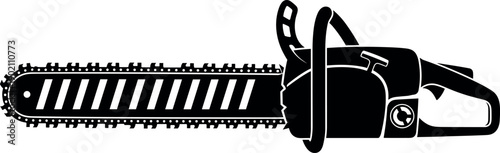 Professional black chainsaw silhouette vector icon isolated on white background for forestry industry lumberjack wood cutting landscaping maintenance equipment and industrial power tool design.