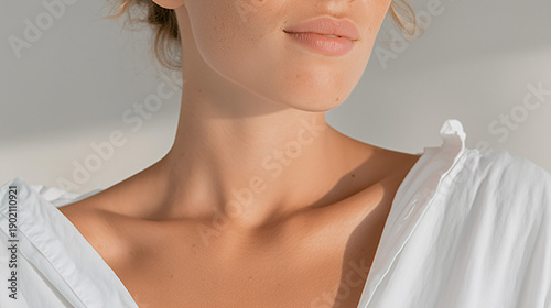 Elegant female profile and décolleté soft lighting advertising scene for cosmetics and apparel