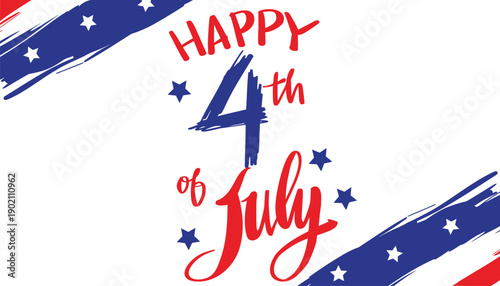 Happy 4th of July vector banner with red, white, and blue brush strokes and stars, for Independence Day celebration or USA patriotic greeting, Isolated on transparent background, png