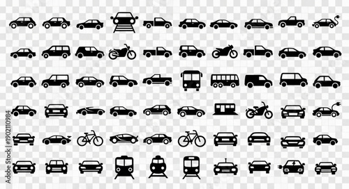 Collection of Various Vehicle Silhouettes on Transparent Background.