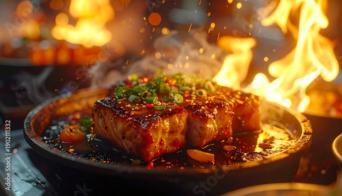 Sizzling gourmet steak masterpiece cooked over open flame, radiating irresistible aroma and perfectly seared texture, served with fresh herbs in a fiery culinary display