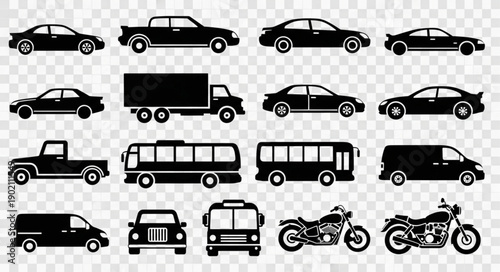 Collection of Various Vehicle Silhouettes Transportation Icons.