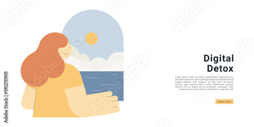 Digital Detox Concept. Digital detox banner with woman standing by window enjoying nature view. Flat design illustration for unplugging, mindfulness, wellness, contemplation and peaceful moments conce