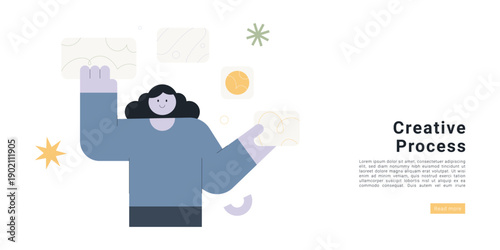 Creative process banner with woman designer working on artistic concept. Flat design illustration for creativity, brainstorming, design thinking and innovation with abstract shapes.