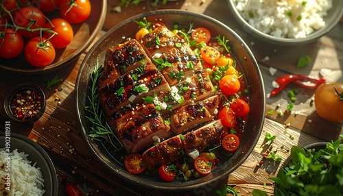 Succulent Grilled Meat Slices, Beautifully Plated with Vibrant Cherry Tomatoes and Fresh Aromatic Herbs, Set for a Delicious and Healthy Dinner Experience on a Rustic Table