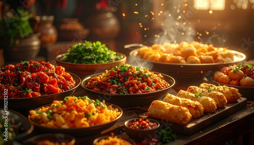 A vibrant and aromatic spread of traditional dishes, including steaming curries, fragrant rice, and crispy appetizers, beautifully arranged on a rustic wooden table, perfect for a festive gathering