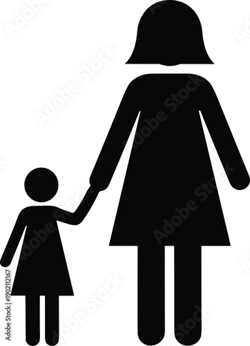 Black silhouette icon of adult and child holding hands, both wearing dresses and hats, symbolizing family, care, and pedestrian safety