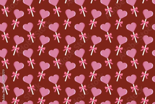 Seamless Valentine s pattern with pink heart-shaped lollipops tied with bows on maroon background