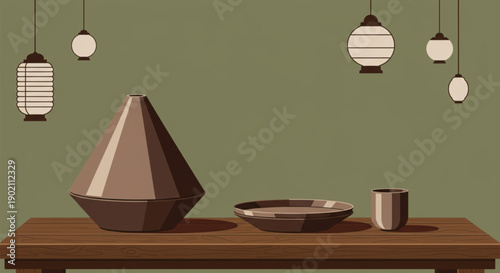 Decorated table with japanese lanterns hanging above