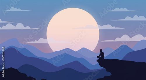 Meditating person views the serene sunset landscape